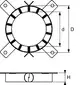 Diagramm einer Brandschutzmanschette von TECE mit einer runden Geometrie, montierbaren Befestigungselementen und klaren Dimensionen für einen Abfluss.